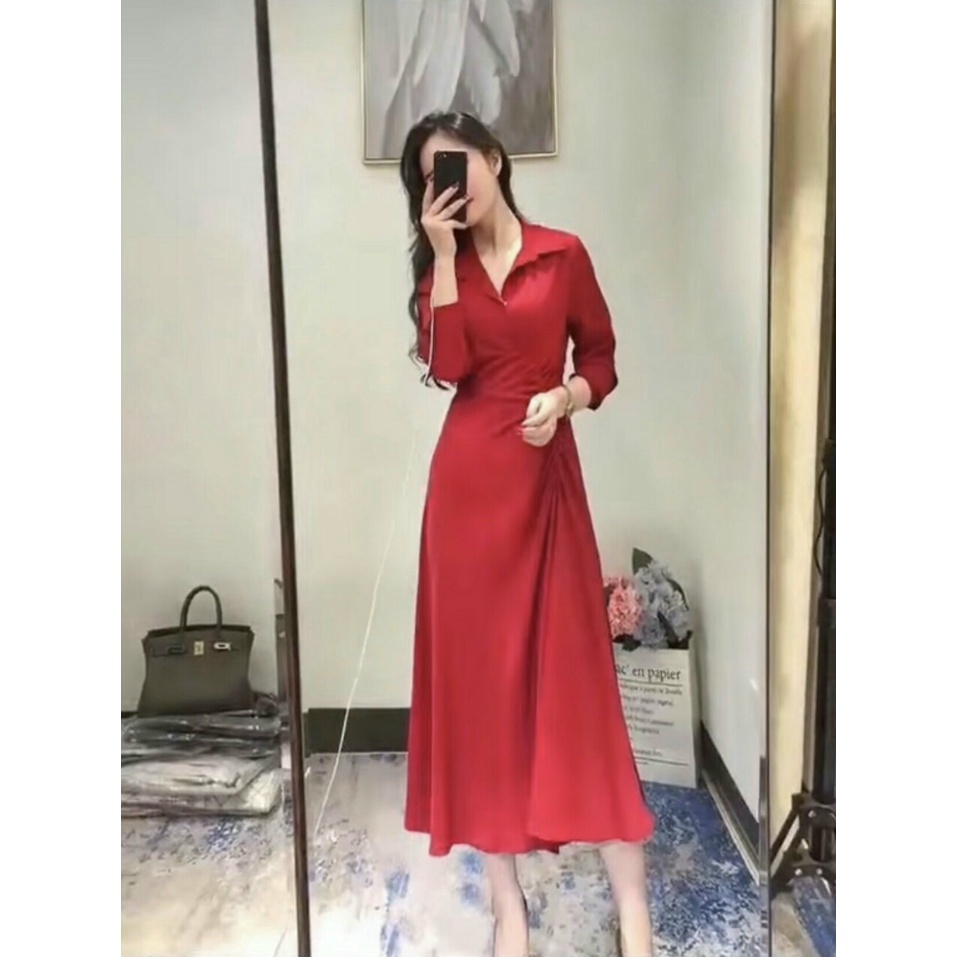 Đầm dự tiệc váy nữ đẹp thiết kế đi tiệc nhún eo cổ sơ mi xòe dáng dài màu đỏ đen chất liệu phi lụa 2 lớp Miyu.Clothing