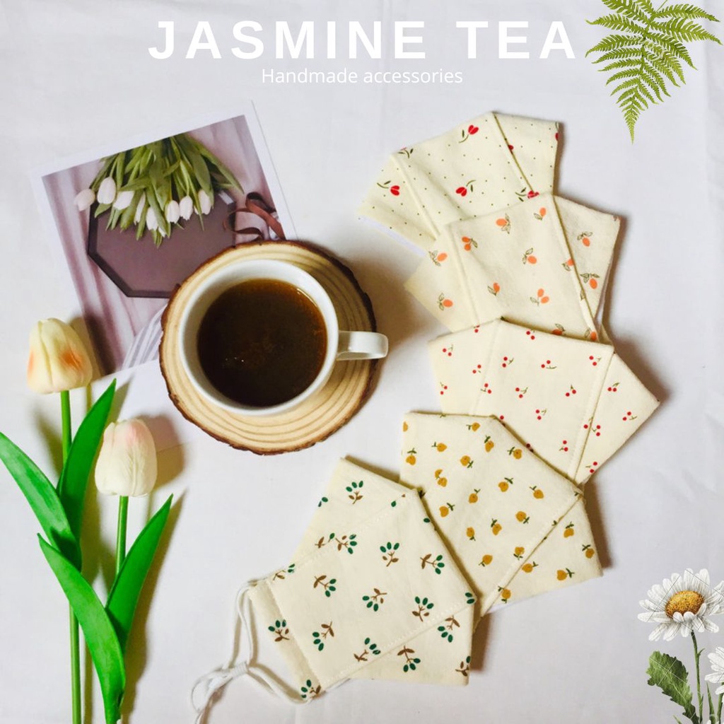 Khẩu trang vải đũi 3D chống nắng chống bụi hoạ tiết hoa lá _ [ jasmine tea ]