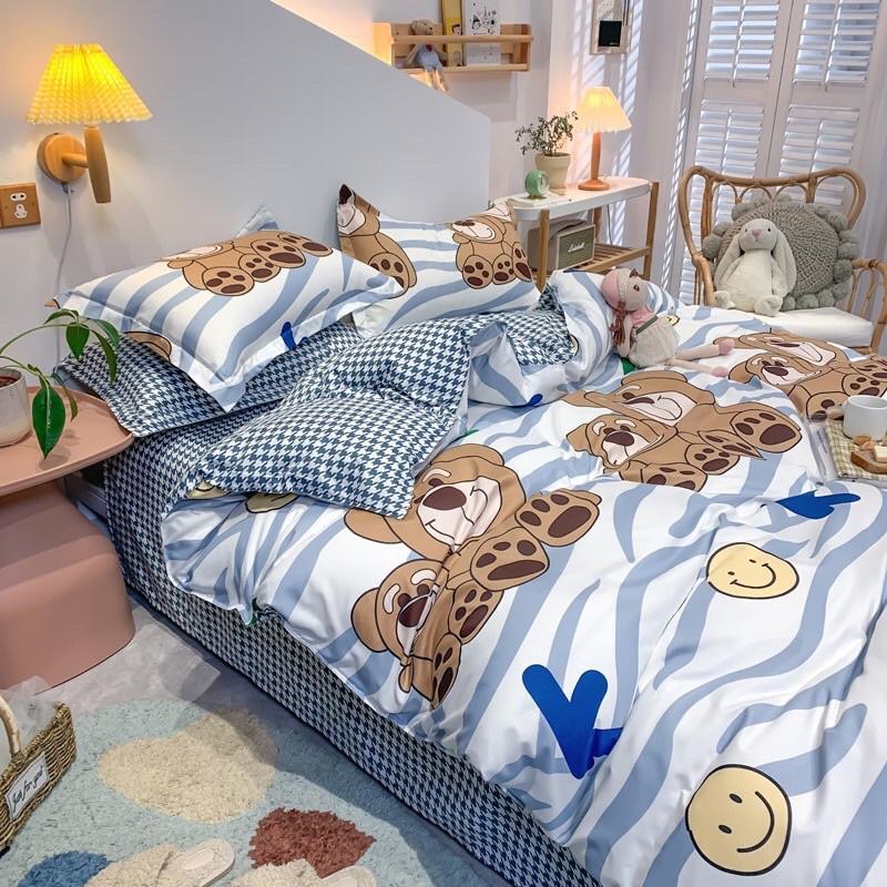 Bộ chăn ga gối nhập khẩu 4 món - Gấu xanh (không kèm ruột)