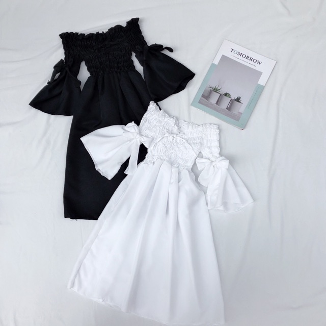 Đầm trễ vai nhún cột nơ tay - Hình sàn chụp thật | BigBuy360 - bigbuy360.vn