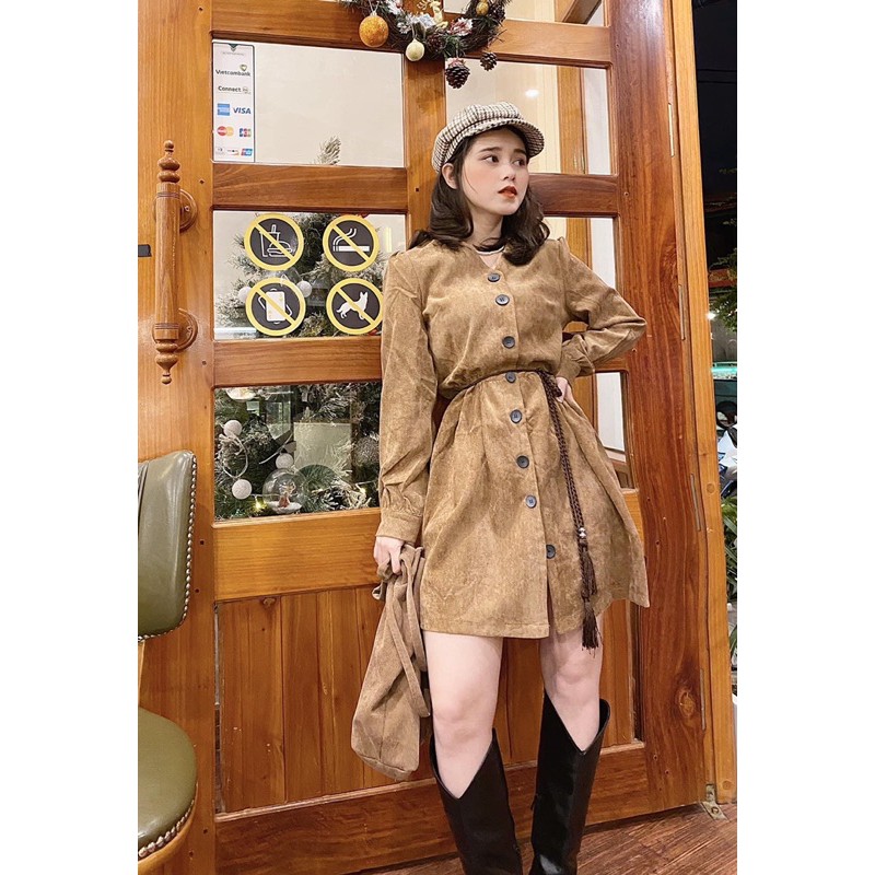 ĐẨM DOLL CỔ V NÂU - ĐEN |ko kèm belt|