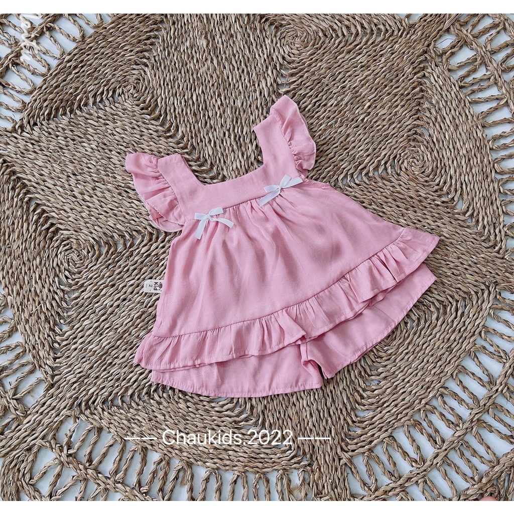 Bộ cộc tay bé gái, bộ áo cánh tiên chất đũi mềm cổ vuông phần ngực 2 nơ nhỏ cho bé