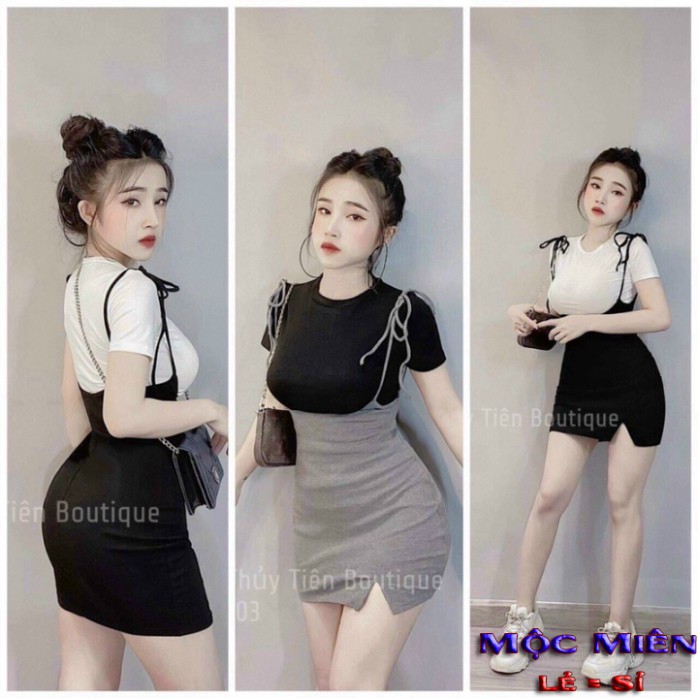 Set váy yếm cột nơ kèm áo thun ngắn tay ôm body mẫu mới mã VD28