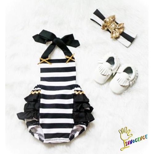 ❤XZQ-Baby Girls Striped Backless Romper+Headband Set
