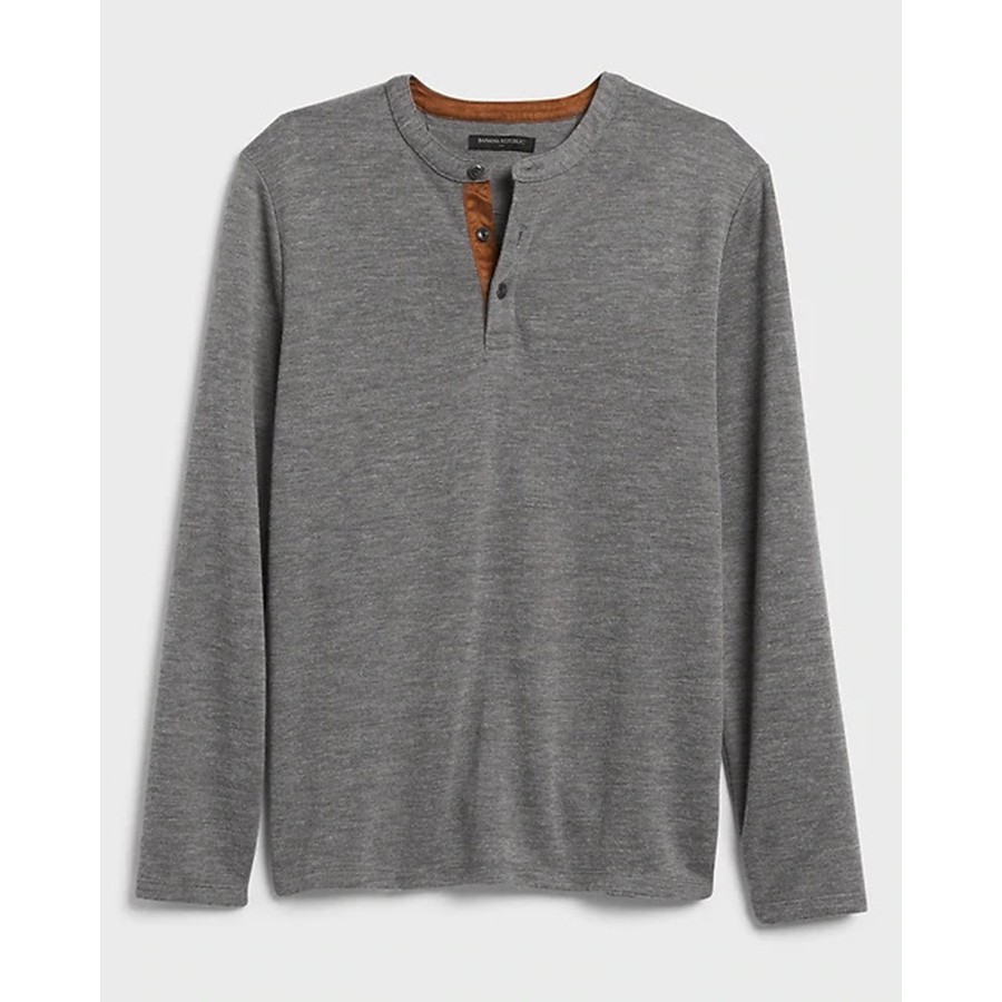 FO76 KHO HÀNG XUẤT DƯ - ÁO THUN NAM CỔ TRÒN DÀI TAY HENLEY BANANA REPUBLIC MÀU XÁM- BRUSHED HENLEY