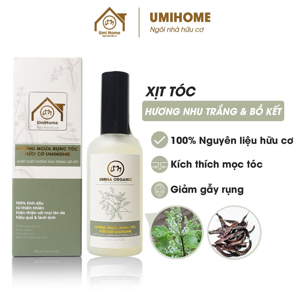 Xịt dưỡng tóc tinh dầu Hương Nhu Trắng và Bồ Kết UMIHOME 50/100ml hữu cơ dưỡng tóc óng mượt và ngăn gẫy rụng