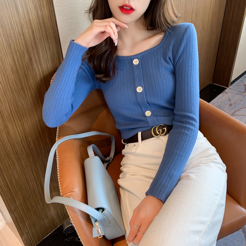 【ZHELIHANGFEI】Áo Cardigan Dệt Kim Tay Dài Cổ Vuông Phong Cách Phương Tây