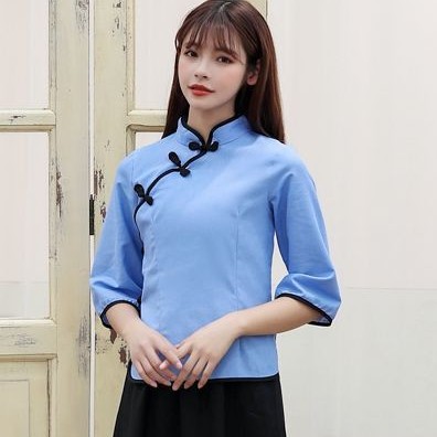 Áo cổ tàu phong cách Trung Hoa màu xanh
