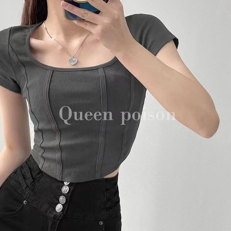 Áo Kiểu Cổ Vuông Tay Ngắn Phong Cách Thời Trang Retro Dành Cho Nữ