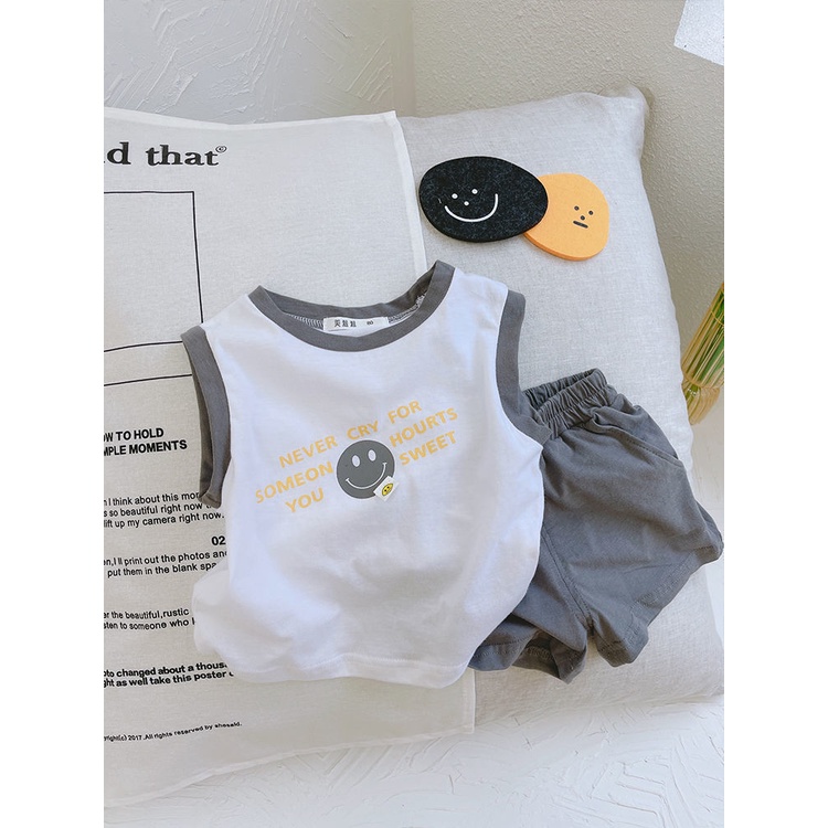 Set Áo Thun Ba Lỗ 100% Cotton Và Quần Short Thoáng Khí In Hình Mặt Cười Thời Trang Mùa Hè Cho Bé