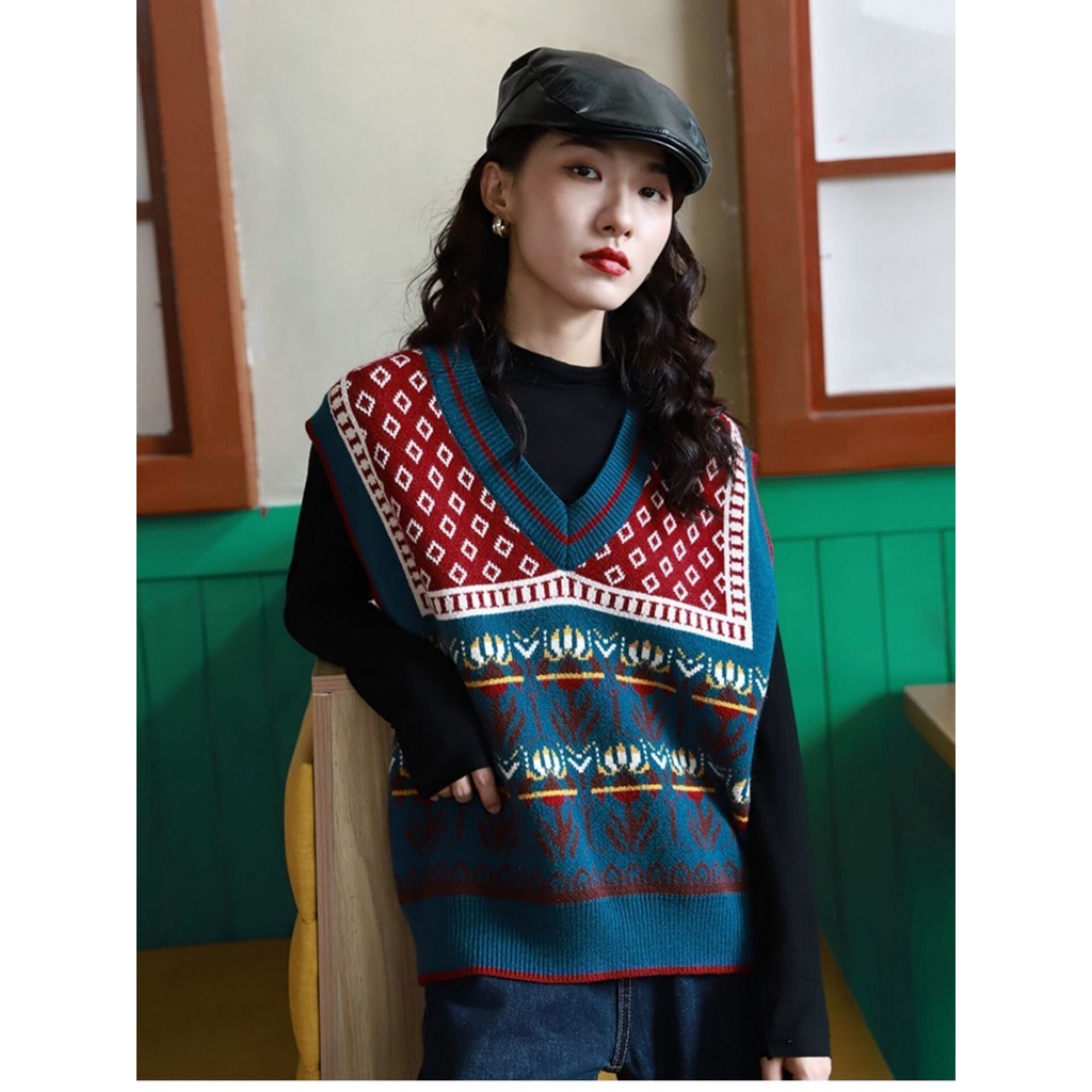 Áo len không tay cổ chữ v form rộng họa tiết hoa phong cách retro Hàn quốc