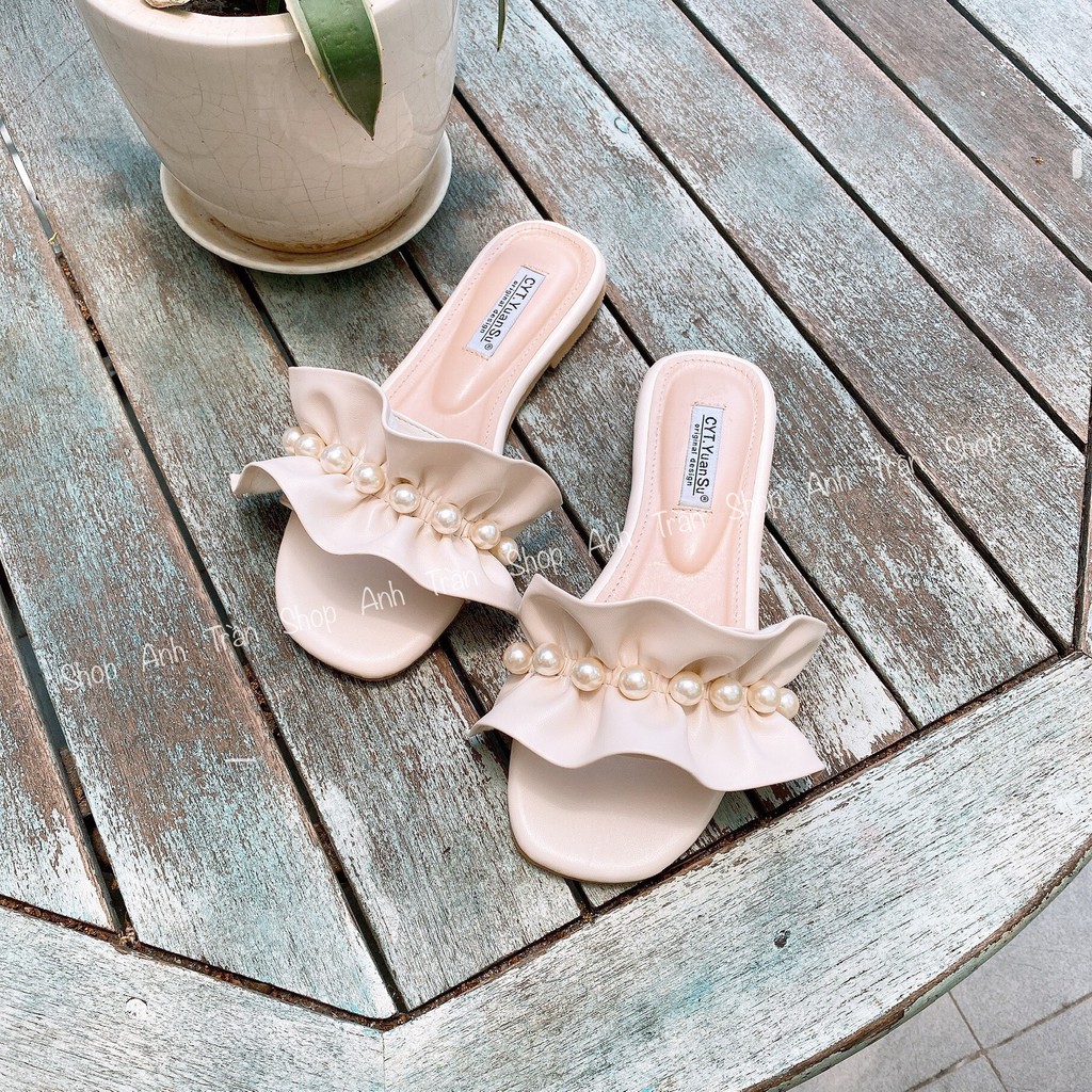 Dép nữ quai ngang bèo nhún đính ngọc Quảng Châu cao cấp DE2388