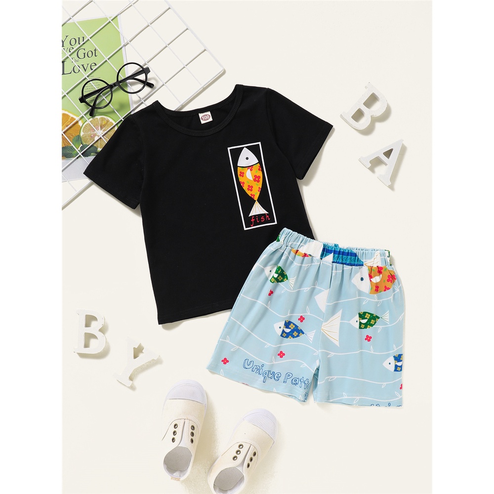 Set Đồ Thể Thao Gồm Áo Tay Cộc In Họa Tiết + Quần Ngắn Mùa Hè Cho Bé Trai 1-6 Tuổi
