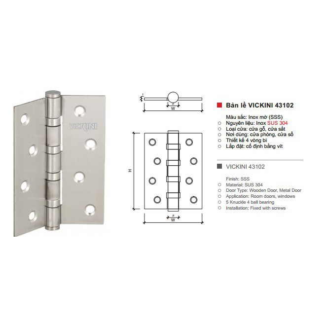 phụ kiện Bản lề Inox 304 VICKINI 1.25T dày 3mm giá rẻ