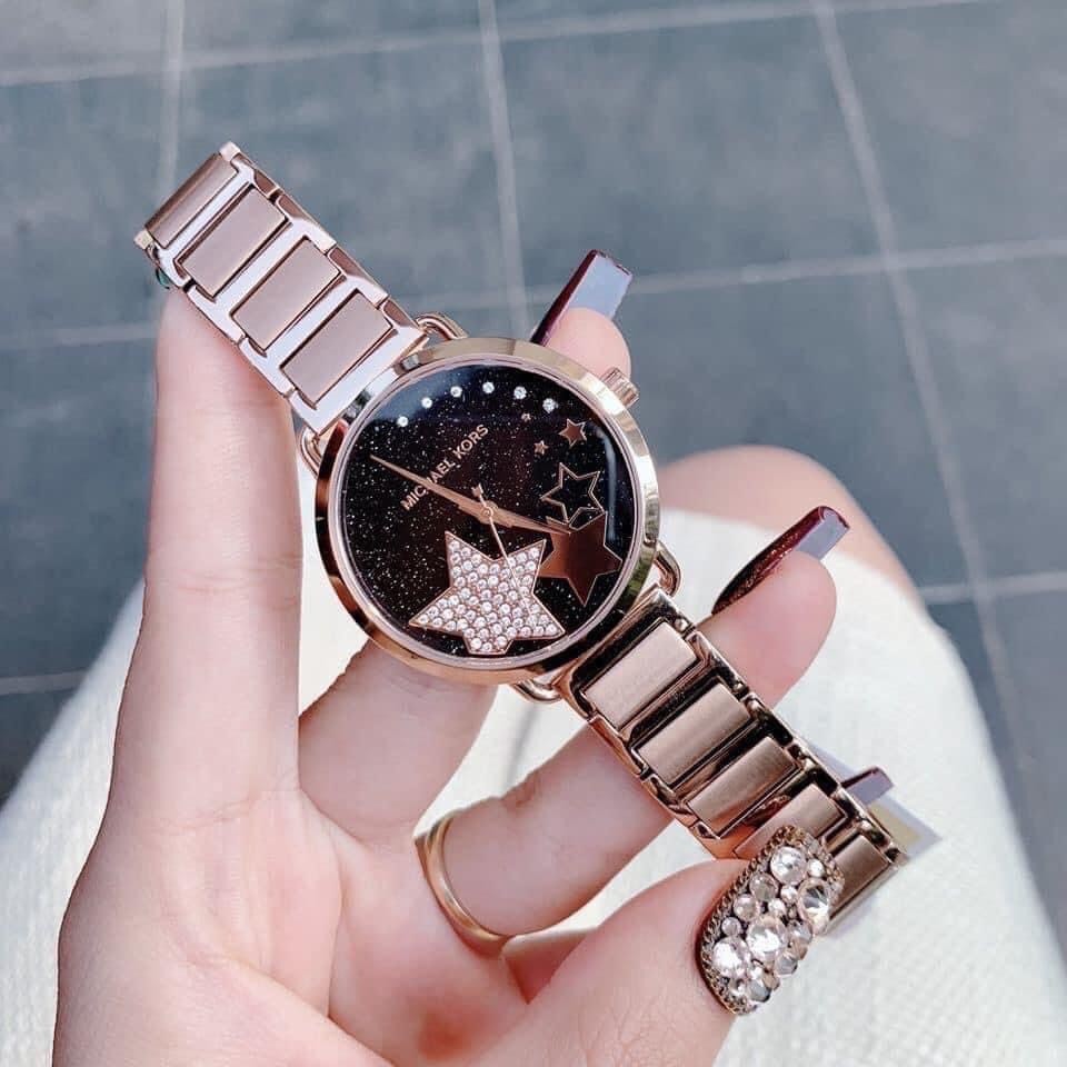 Đồng Hồ Michael Kors Nữ MK3795 Dây Kim Loại Màu Vàng Hồng Mặt Màu Đen Họa Tiết Size 36mm