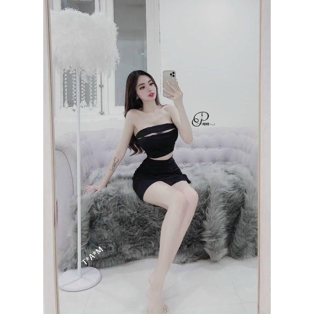 Set bộ áo cúp ngực ( có mút ) kèm chân váy sẻ tà kết nơ siêu xinh , tôn dáng
