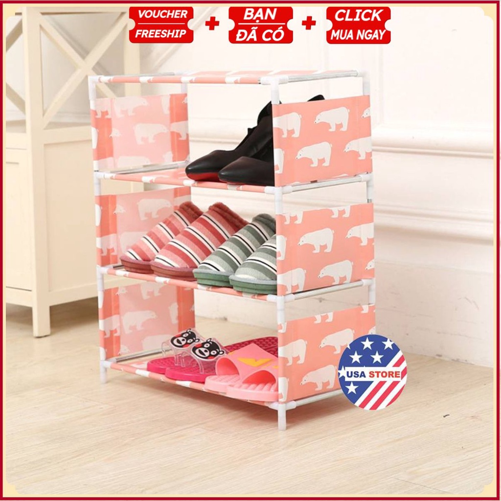 Kệ Để Giày Dép Lắp Ghép Decor - Giá Tủ Gọn Gàng Họa Tiết GẤU / HẠC Khung Kim Loại Bền Đẹp 2/3/4/5 Tầng