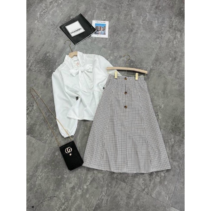 SET ÁO SƠ MI THẮT NƠ MIX CHÂN VÁY MIDI | BigBuy360 - bigbuy360.vn