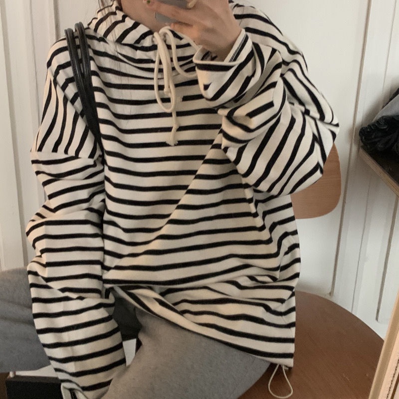 Áo hoodie tay dài dáng rộng kẻ sọc phong cách Hàn Quốc thời trang mùa thu mới 2021 cho nữ
