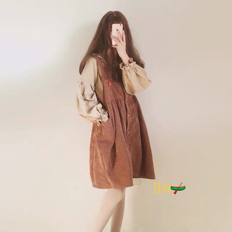 Sét yếm nhung mix sơ mi