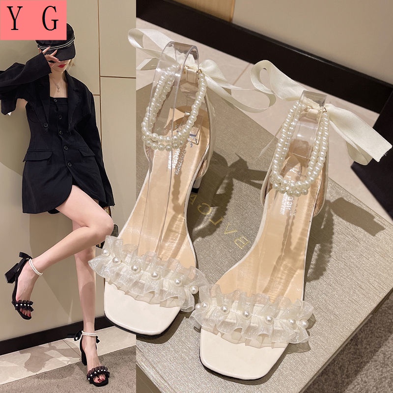 Giày Cao Gót Đế Dày Buộc Dây Đính Hạt Ngọc Trai Phong Cách Pháp Thời Trang Mùa Hè 2022 Mới