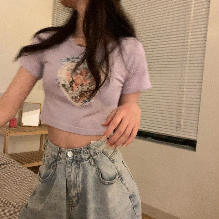 Áo thun crop top tay ngắn in họa tiết thiên thần phong cách Hàn Quốc thời trang dành cho nữ