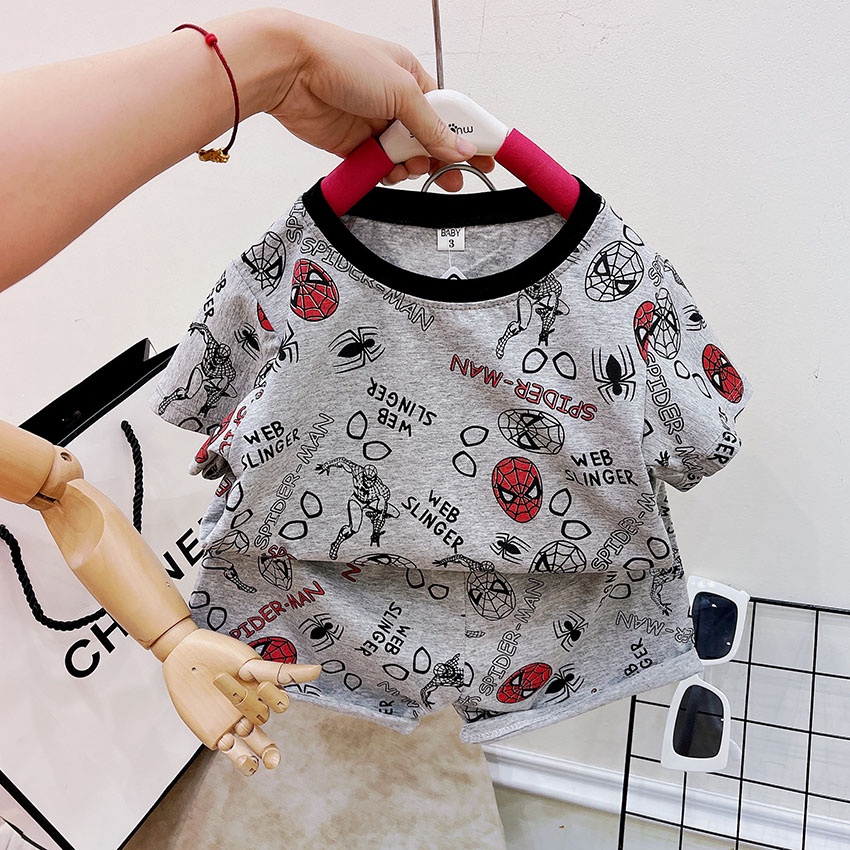 Bộ Quần Áo Cộc Tay In Hình Người Nhện Sprider-man Đỏ Xám Vải Cotton Cho Bé Từ 8-19kg Mã CT11