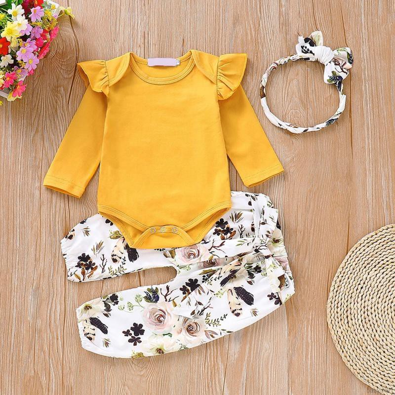 Set Jumpsuit tay loe + quần hoa + Băng đô nơ cho bé gái