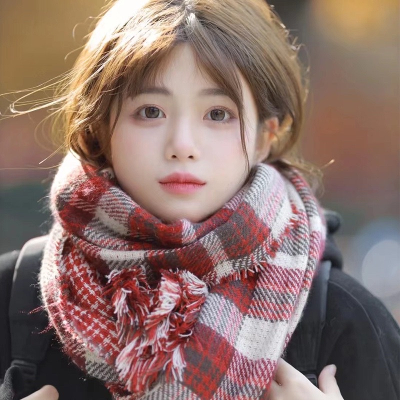 Khăn len kẻ đỏ giữ ấm mùa đông dài 175cm