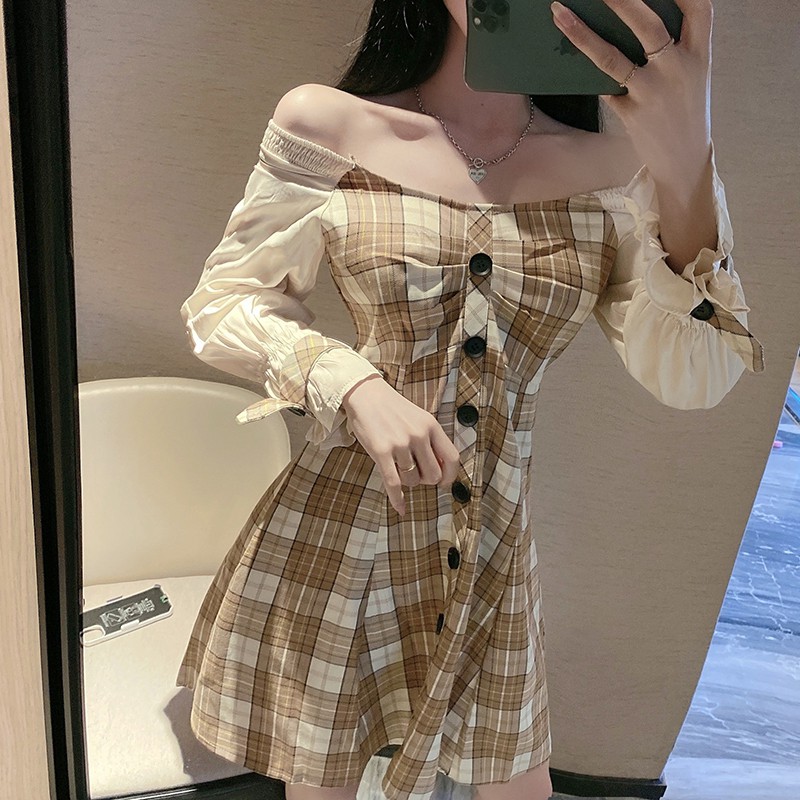 Đầm váy nữ cổ vuông, mẫu váy đầm kẻ caro dáng xòe mặc được cổ vuông và trễ vai-L042 | BigBuy360 - bigbuy360.vn
