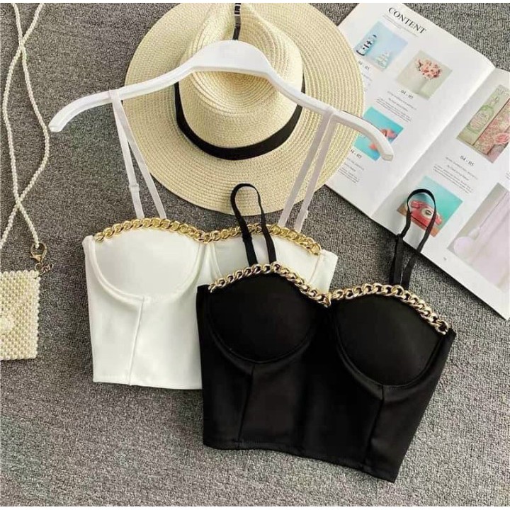 Áo croptop 2 dây phối xích có đệm ngực Shop Cam Kết Hàng Y Hình Chính Chủ ( Size từ 40-53kg )