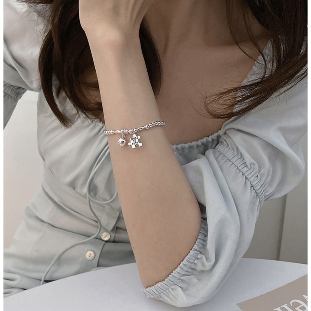 Vòng tay nữ bạc 925 may mắn mảnh ghép châu bạc tròn phong cách cá tính Hàn Quốc Boho