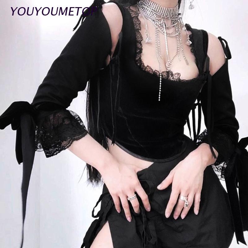 Áo croptop tay loe dài cổ vuông phối ren và nơ phong cách gothic quyến rũ cho nữ