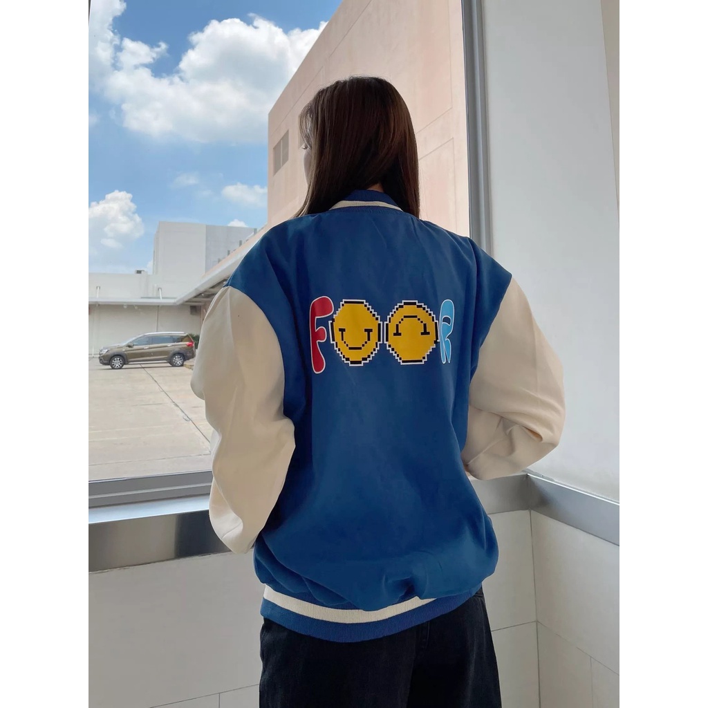 ÁO KHOÁC NỈ NỮ KIỂU BOMBER NÚT BẤM IN CHỮ FLOOR MÀU ĐEN BÒ XANH VÀNG KEM SIÊU ẤM ÁP CAO CẤP NITIQC