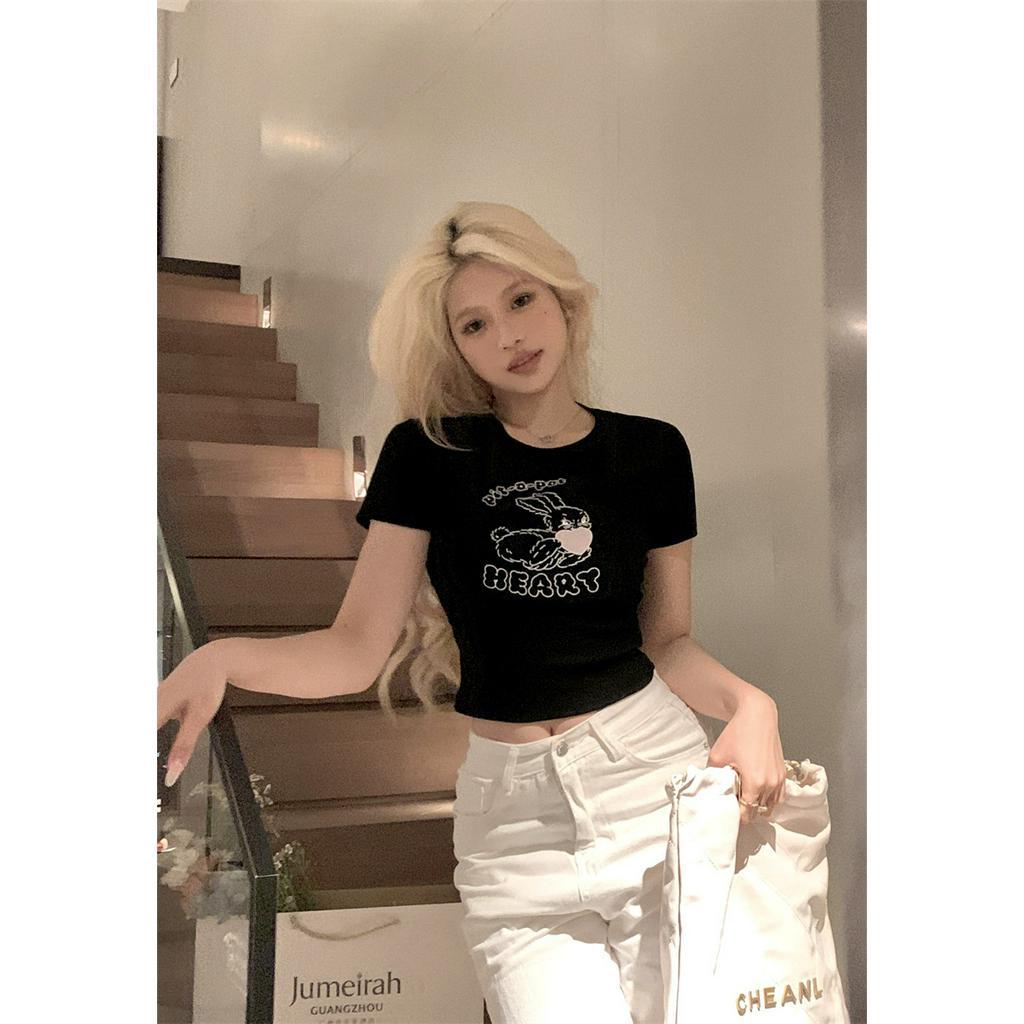 QADCOL Áo Thun Tay Ngắn Hở Eo In Hình Thỏ Dễ Thương Thời Trang Mùa Hè Cho Nữ