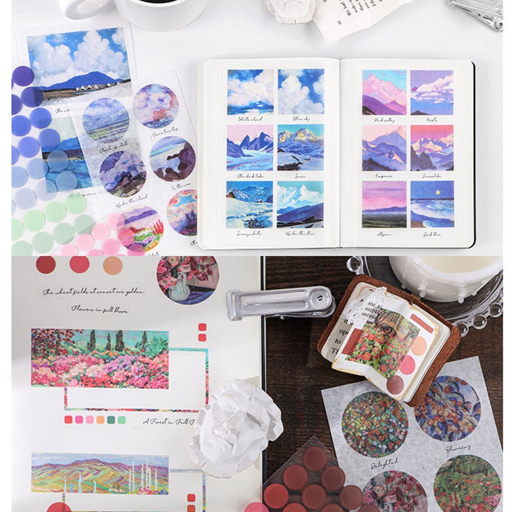 Set 8 tấm sticker giấy washi tranh vẽ và hình tròn trang trí planner