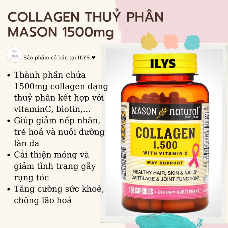 Collagen Mỹ Viên uống đẹp da Collagen 1500+C Mason Natural Hộp 120 viên Bổ Sung Collagen thuỷ phân