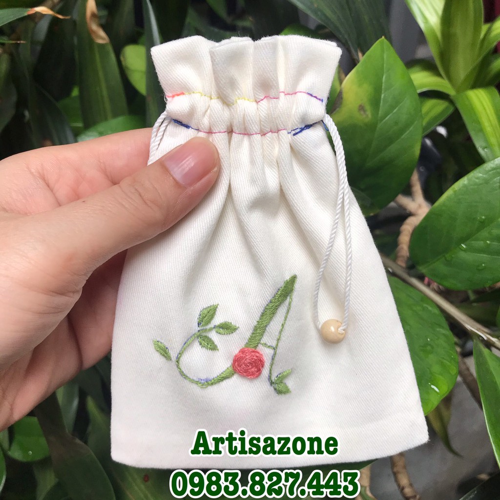 Túi vải dây rút mini thêu chữ cái - Kích thước: 11cm x 14cm- 01 chiếc (Đọc kỹ mô tả sản phẩm)