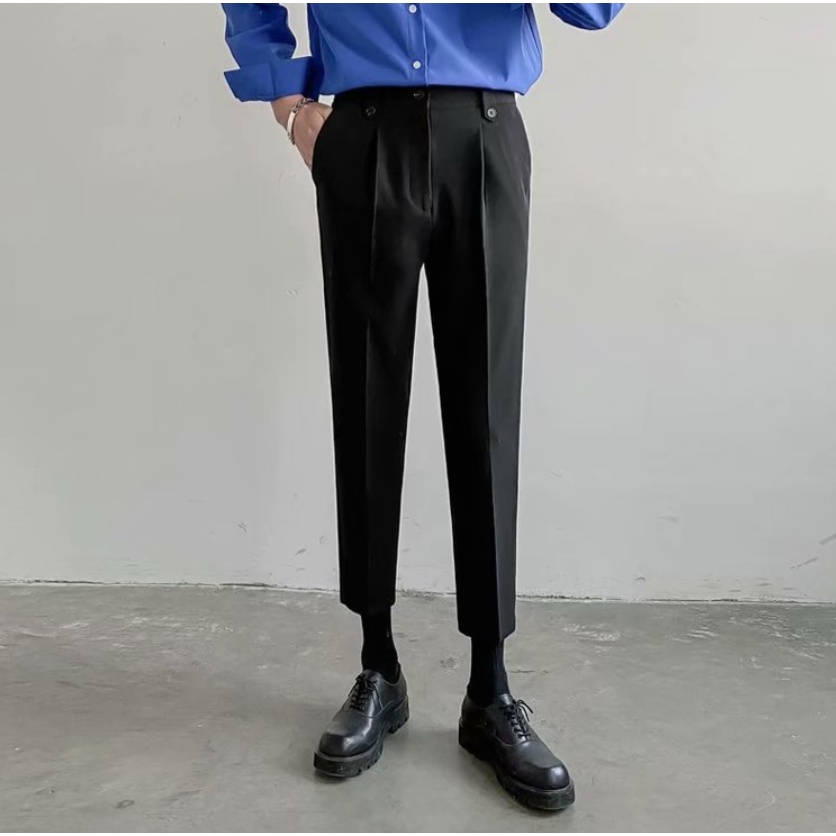 Quần tây vải lụa lạnh mỏng plus size dáng rộng ống đứng phong cách Hàn Quốc cho nam