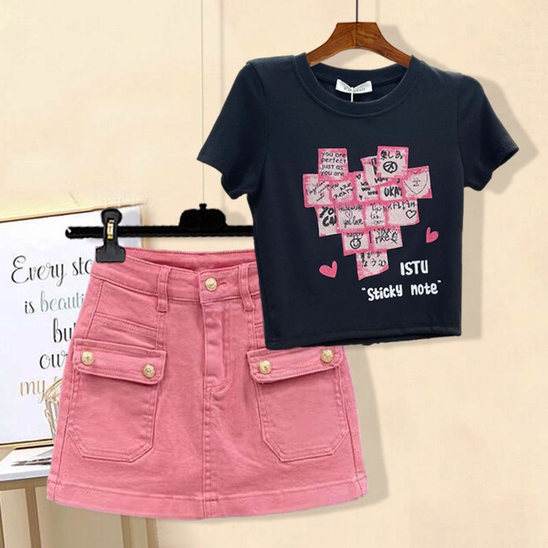 Jiashucheng Set Áo Ngắn Tay Plus Size + Quần Short Denim Lưng Cao Thời Trang Nữ