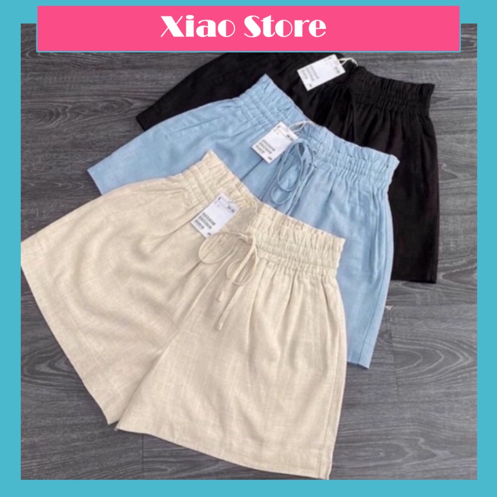 Quần đùi đũi nữ vải đũi xước cạp chun bèo có dây buộc dáng quần short nữ ống rộng_001 chất đẹp mầu trắng đen deal tốt xi