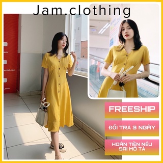 Váy đầm nữ dài phối nút jam dài qua gối dáng xòe dự tiệc váy trắng dài vintage