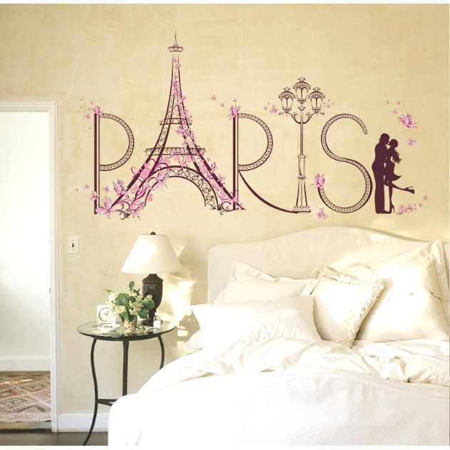 Decal trang trí tường - Tháp PARIS Bướm Hồng Romantic