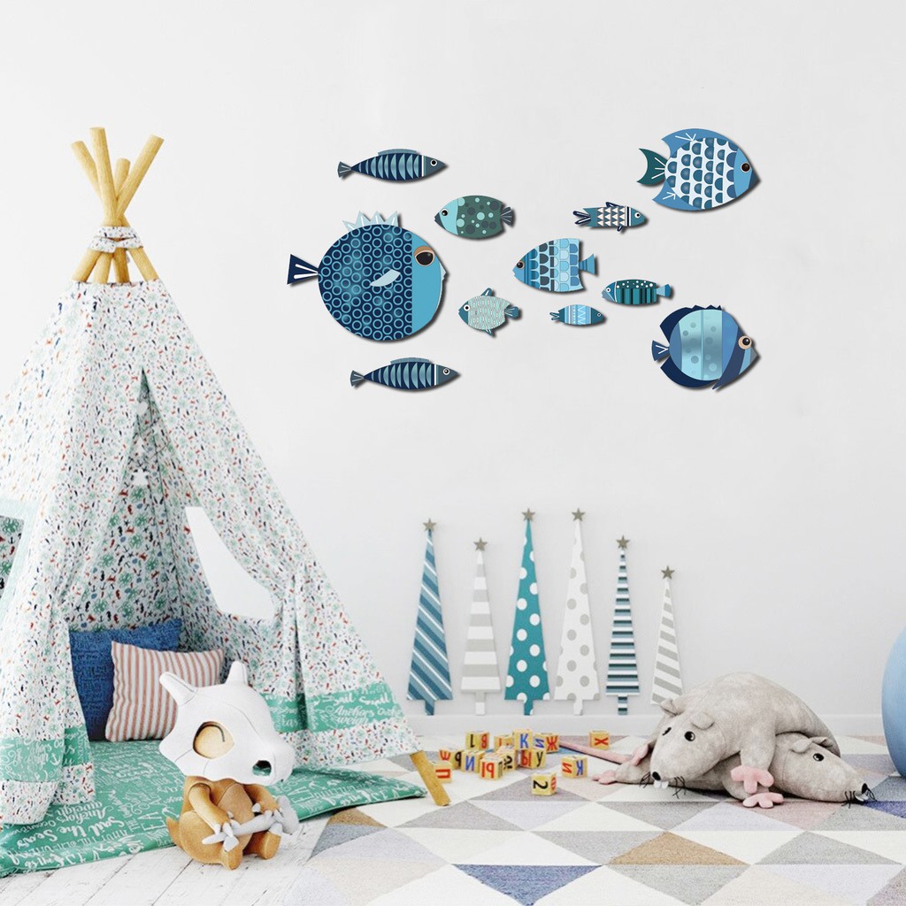 Tranh cá decor dán tường The Little Blue Fishes (Những chú cá xanh bé xinh) hiện đại trang trí phòng khách, phòng ngủ