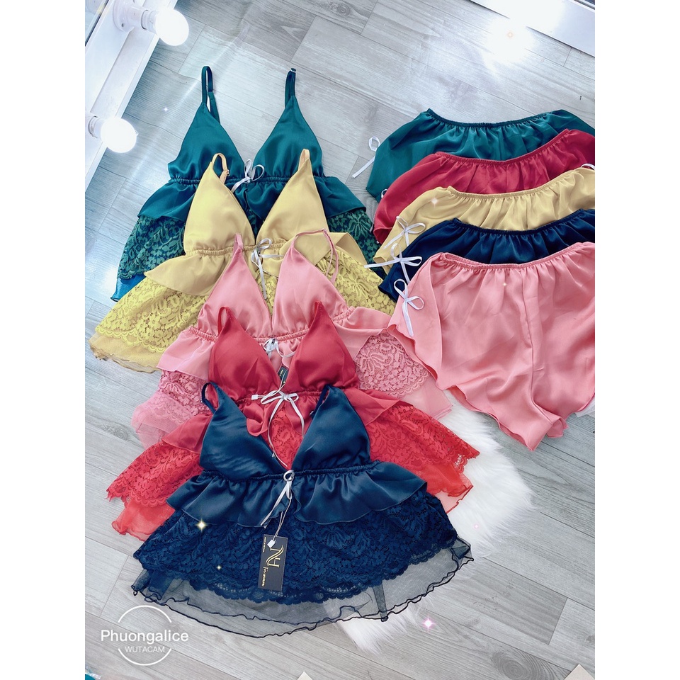 Đồ ngủ sexy nữ gợi cảm, đổ ngủ 2 dây, bộ ngủ lụa cao cấp phối ren có mút ngực- Phuongaliceshop