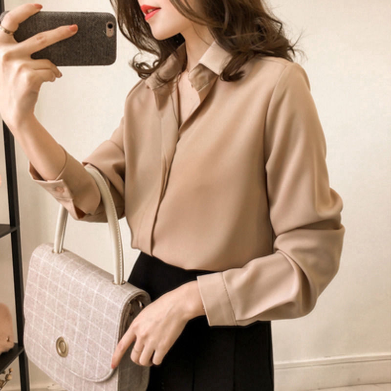 Áo sơ mi RENJIANVSHENG chiffon tay dài phong cách thanh lịch dành cho nữ