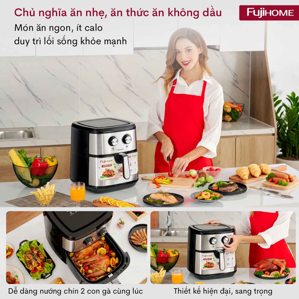 Nồi chiên không dầu 9.2L Nhập Khẩu Nhật Bản Fujihome, Nồi chiên không khí cơ 9 lít không hơi nước tự ngắt,tặng kèm gắp