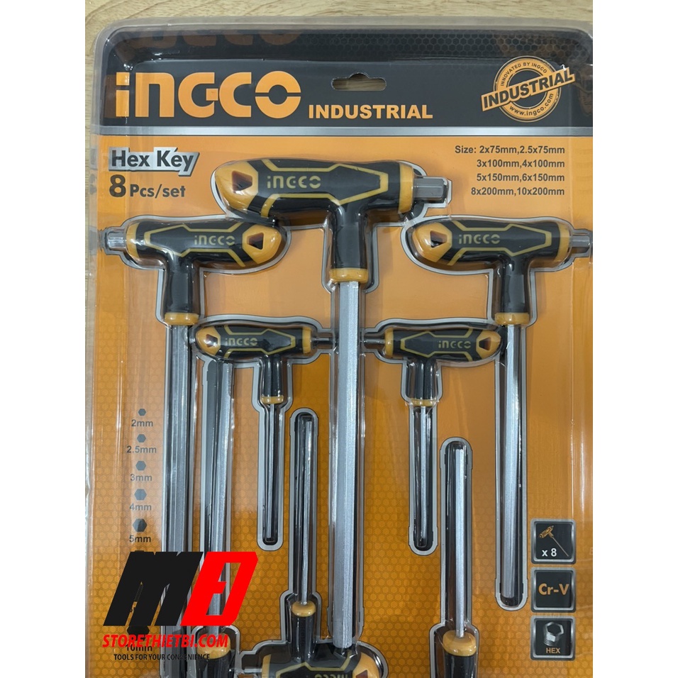 Bộ 8 chìa lục giác tay cầm chữ T đầu bằng2-10mm INGCO HHKT8081
