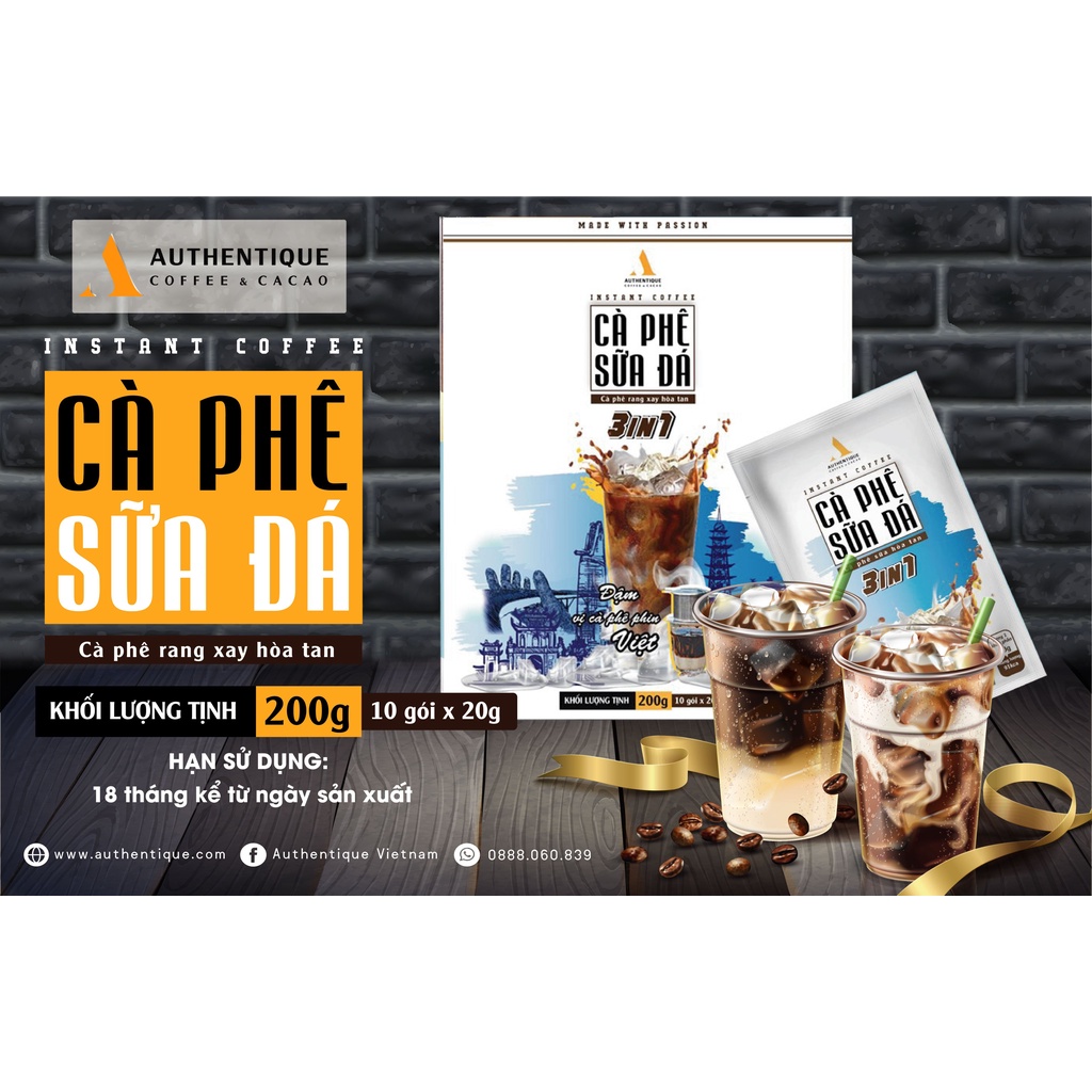 Cà phê sữa đá pha sẵn hòa tan 3in1 (20G x 10Gói) - Đậm vị cà phê | Authentique Instant Coffee