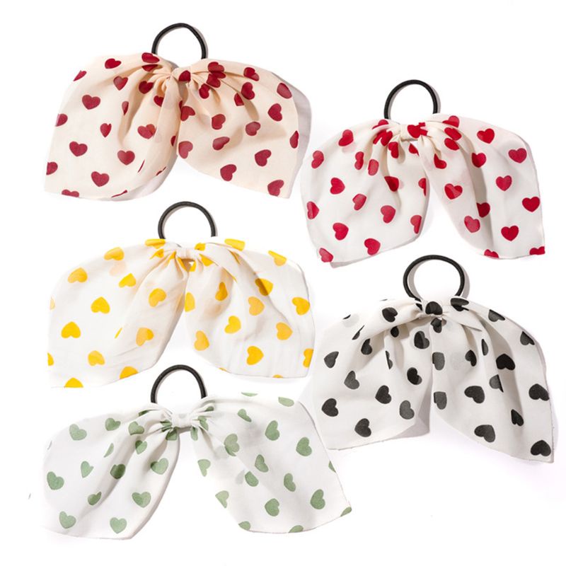 Dây Buộc Tóc Cao Su Ruy Băng Dài Co Giãn In Họa Tiết Trái Tim Dễ Thương Cho Nữ